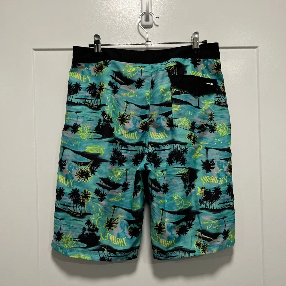 Hurley Board Shorts Mens 29 Teal Black Tropical Palm Shark Fin Swim Trunks